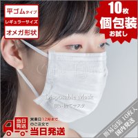 マスク 白 10枚 レギュラー オメガデザイン 平ゴム 個包装 耳が痛くならない 三層構造 防塵抗菌 使い捨て 男女兼用