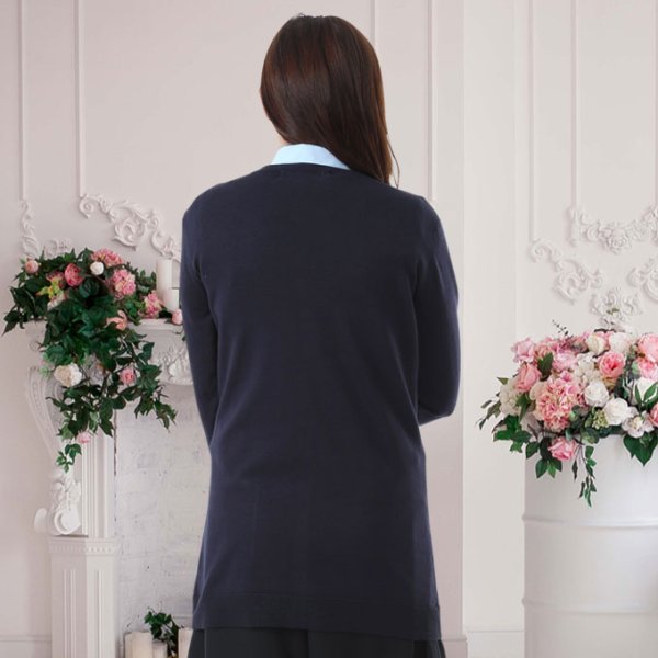 画像3: カーディガン 長袖 ロング丈 ニット ネイビー 洗濯機で洗える 事務服 ベストスーツ と相性抜群 オフィス 冷え対策 冷房対策