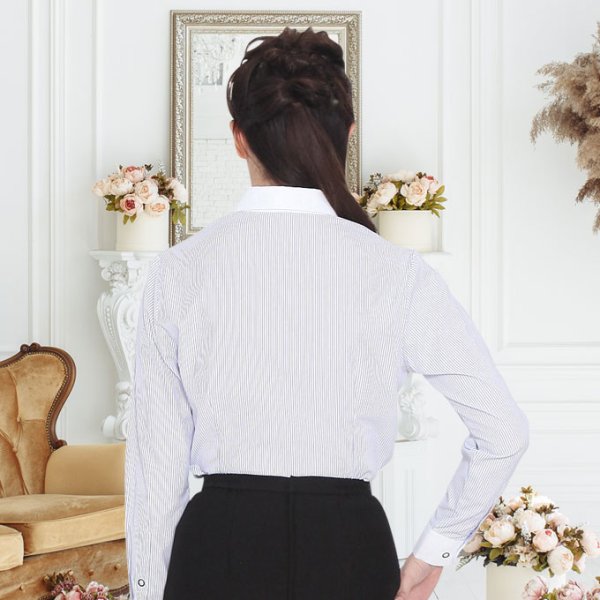 画像3: 長袖ブラウス 黒ストライプ 1番上のボタンがない スキッパーデザイン 洗濯機で洗える