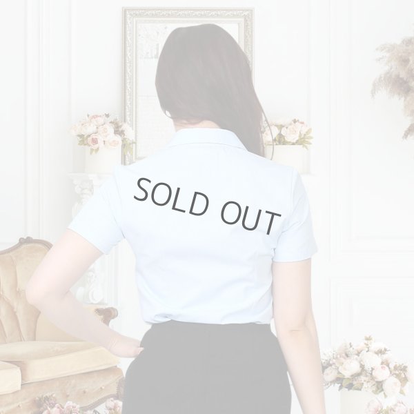 画像3: 半袖ブラウス 水色 1番上のボタンがない スキッパーデザイン 洗濯機で洗える