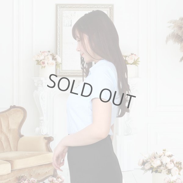 画像2: 半袖ブラウス 水色 1番上のボタンがない スキッパーデザイン 洗濯機で洗える (2)